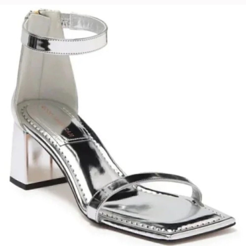 Revolve Good American Block Heel Square Toe Metallic Silver Sandals, size 9